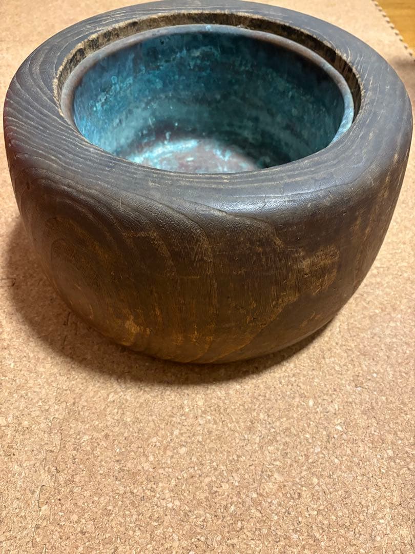 木製丸火鉢 木目桐火鉢　手炙り　銅落とし大正レトロ！
