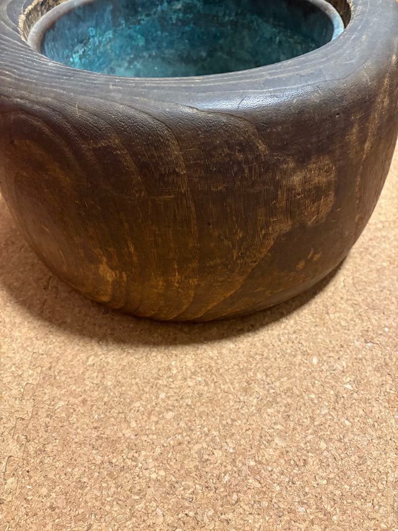 木製丸火鉢 木目桐火鉢　手炙り　銅落とし大正レトロ！
