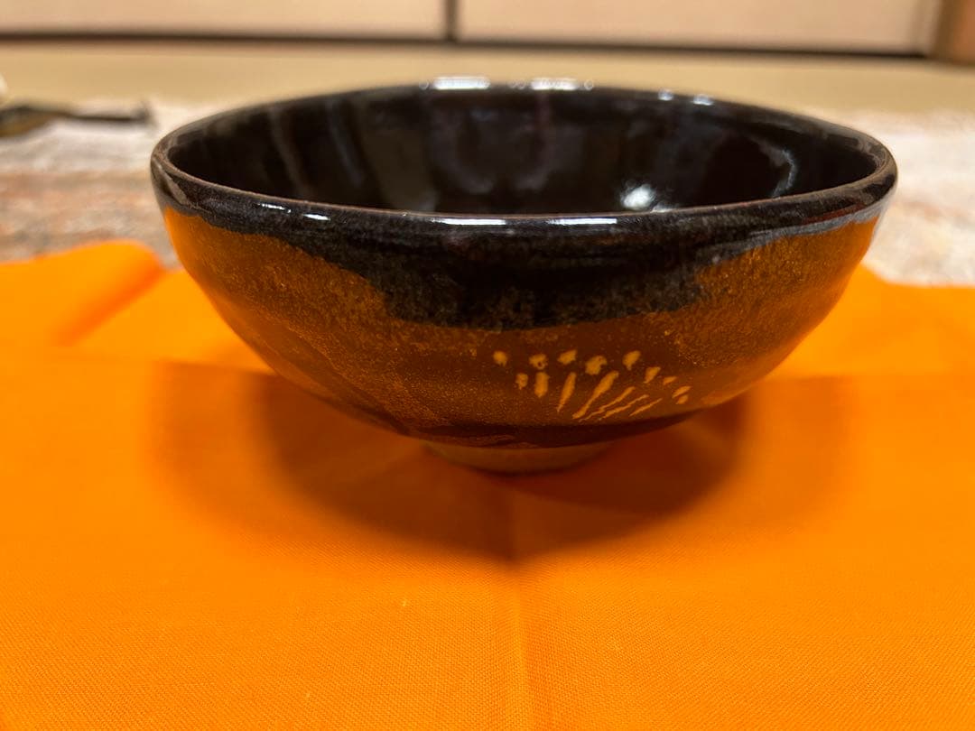 人間国宝 原清 鉄釉花鳥文茶碗 共箱付き