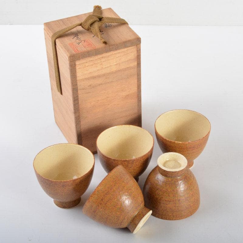 煎茶道具　伊羅保釉　煎茶碗　五客　在銘　共箱　V　R4788