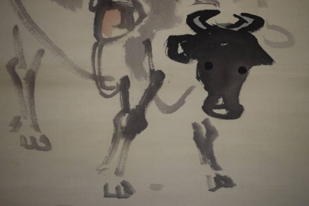 真作/鹿子木孟郎/農夫牛図/布袋屋掛軸HI-578