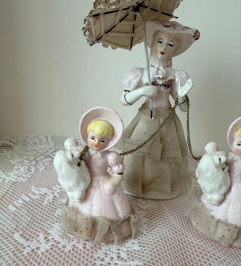 米国アンティーク 親子人形 傘と犬 陶器 フィギュリン