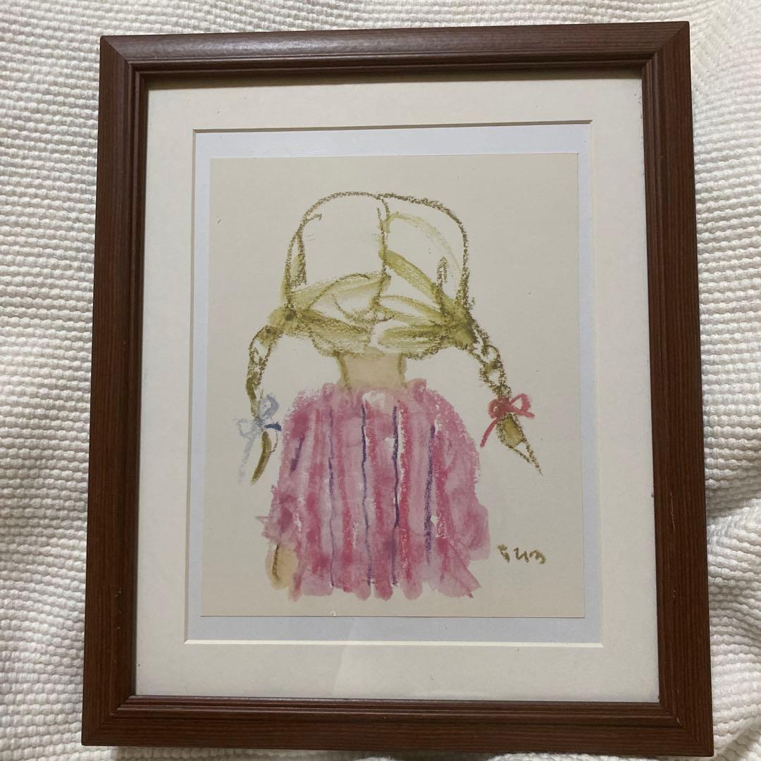 ★いわさきちひろ 『後ろ姿のおさげ髪の少女』ブラウン額縁/窓際のトットちゃん