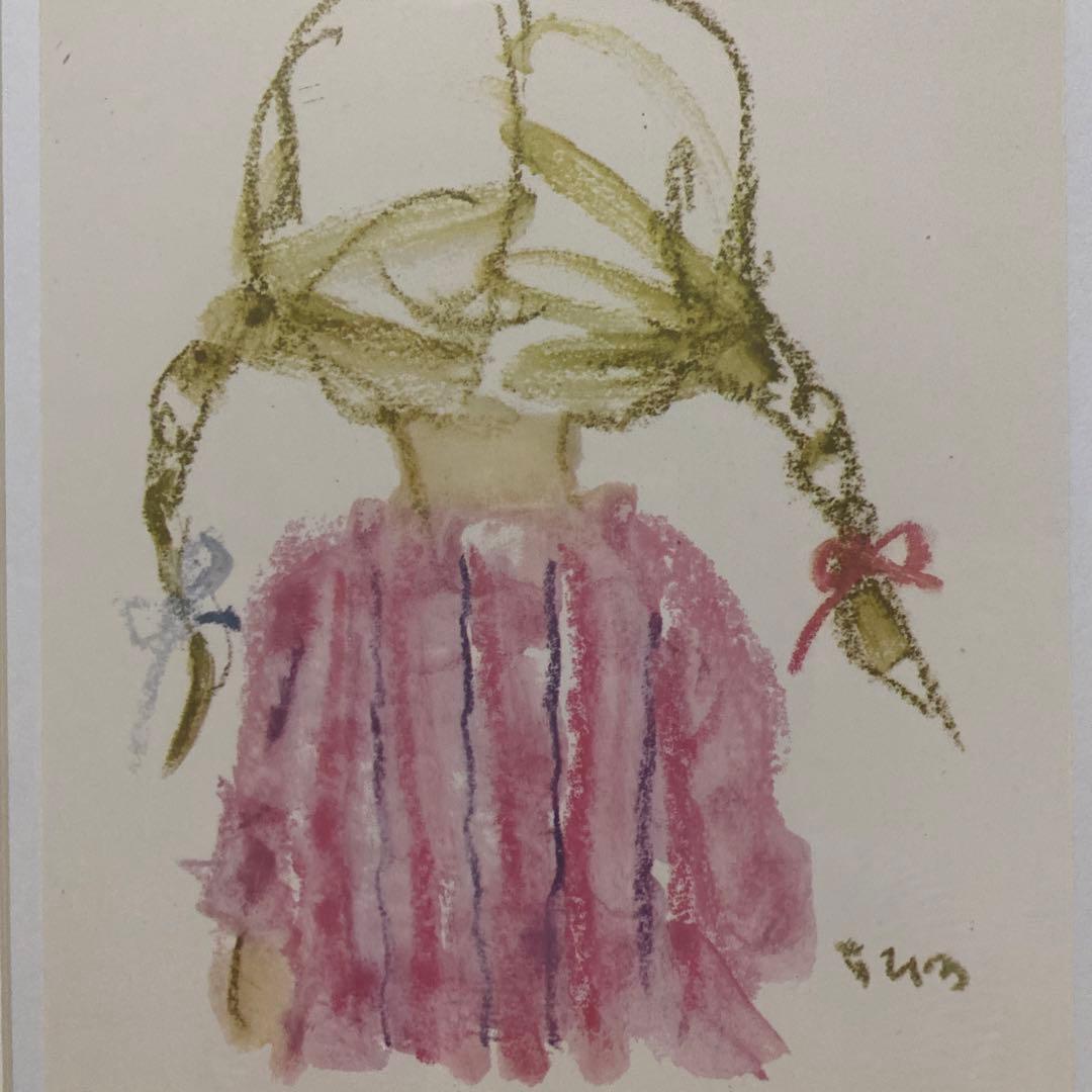 ★いわさきちひろ 『後ろ姿のおさげ髪の少女』ブラウン額縁/窓際のトットちゃん