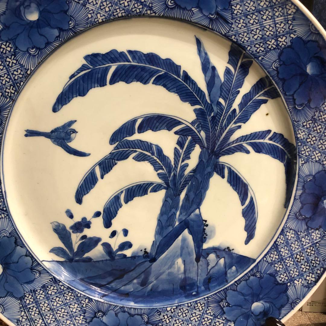 古染付大皿。蕉葉花鳥文。天保染付。江戸時代。美品。古美術。骨董品。舊家藏出。