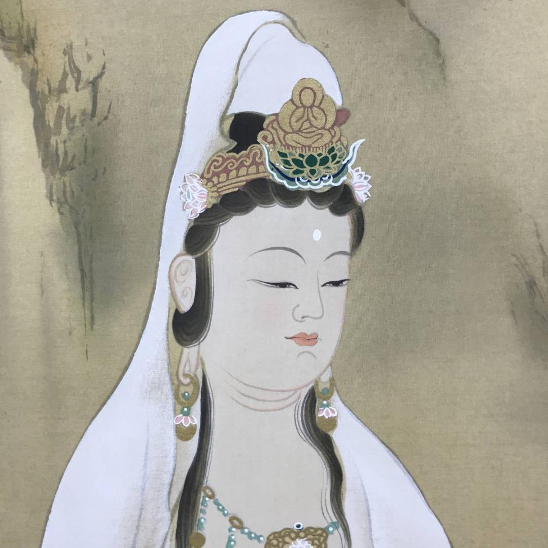 【真作】川島玉峰/岩上観音図/観音像図/カンノン図/掛軸/名家伝来/AD-683