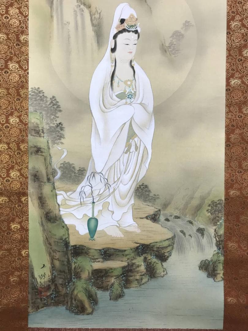 【真作】川島玉峰/岩上観音図/観音像図/カンノン図/掛軸/名家伝来/AD-683