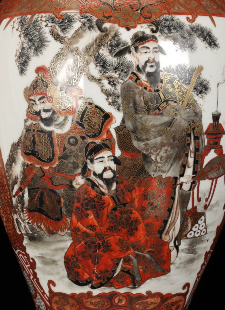 【九谷焼 大日本九谷造】金襴手赤絵金彩 龍双耳飾壺 花瓶 人物松鶴花鳥図 古美術