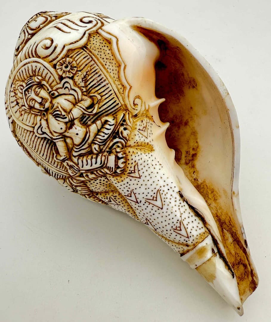 ◆チベット密教法具　法螺貝（シャンカ）グリーンターラー（緑多羅菩薩）A3