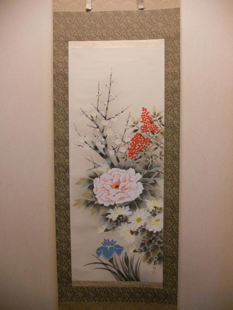 掛け軸 五郎 四季花 絹本 希少 軸装 茶道具 掛軸 美品 です。