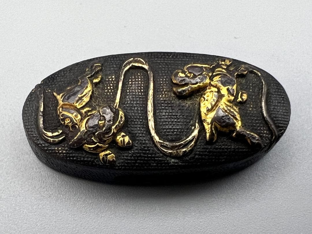 【海】江戸明治期　日本刀装具　獅子　蝦図　金象嵌　縁頭　3点　骨董品　美術品