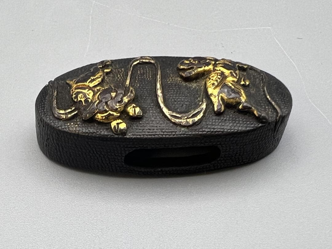 【海】江戸明治期　日本刀装具　獅子　蝦図　金象嵌　縁頭　3点　骨董品　美術品