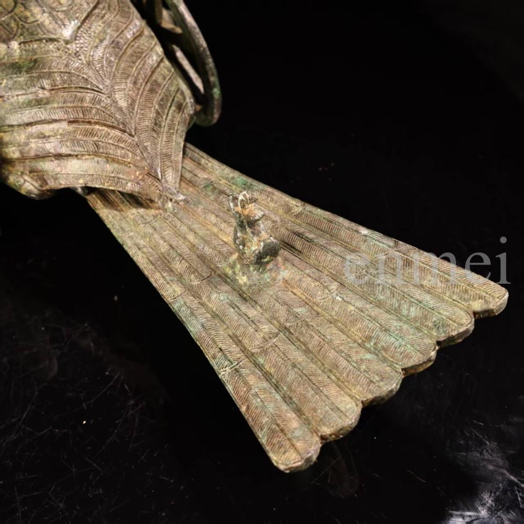 中国古美術・珍品旧藏・青銅製の鳳鳥車・鏨刻・純銅製・高浮彫・置物・風水開運・置物