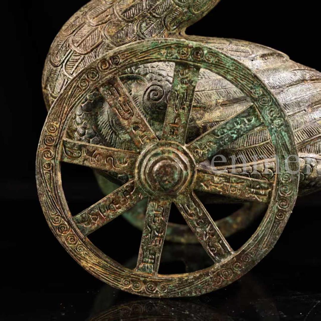 中国古美術・珍品旧藏・青銅製の鳳鳥車・鏨刻・純銅製・高浮彫・置物・風水開運・置物