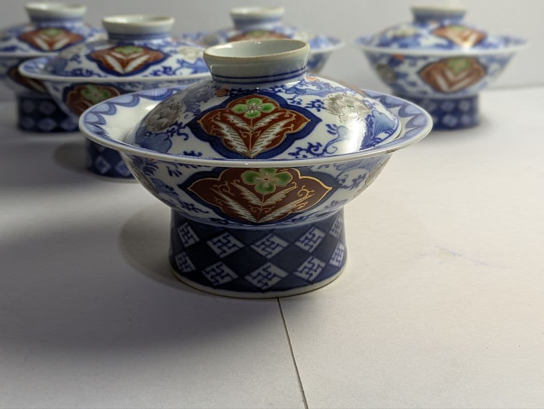 古伊万里、『染錦草花紋蓋物』、6客、銘「吉祥」有、箱無