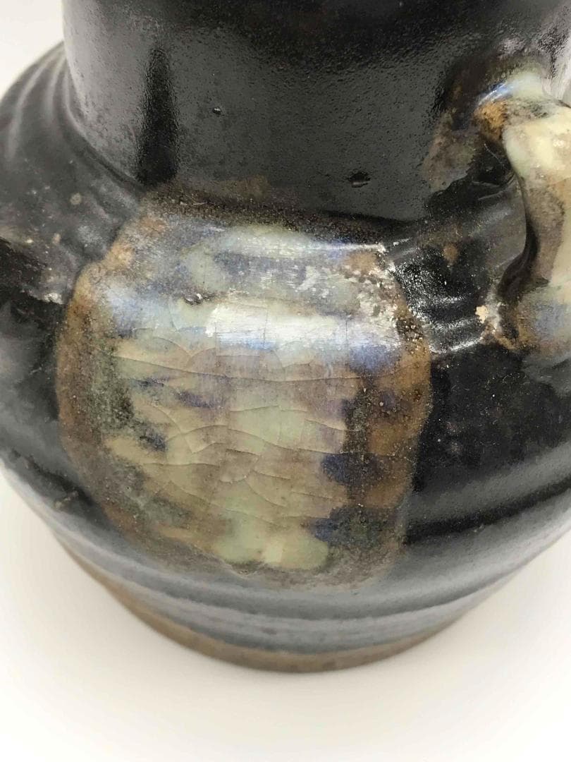 唐時代　黒釉鉄斑壺　双係瓶　水注　水差し　水指　海鼠釉　時代物(A-50)