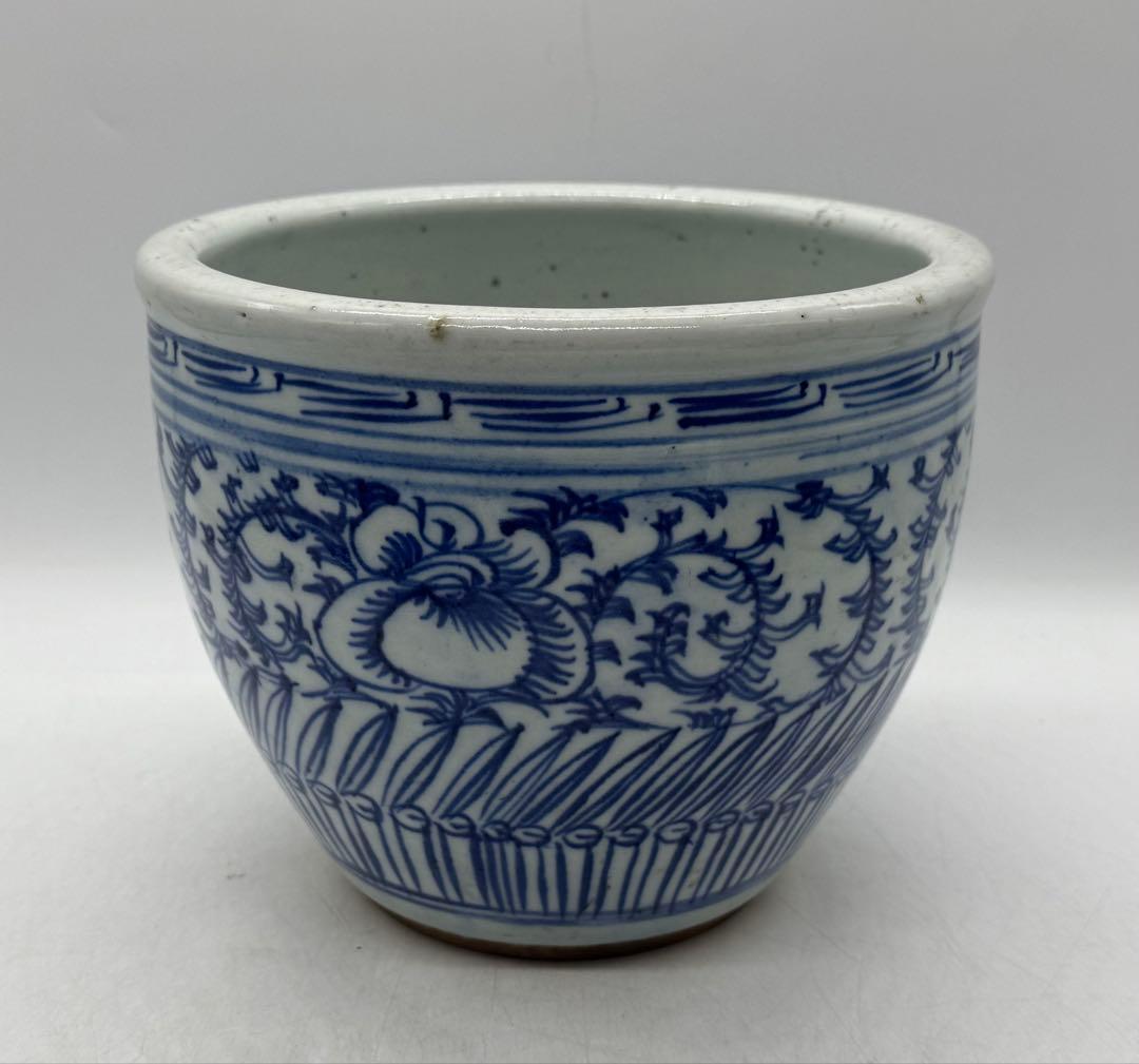 中国　清時代　染付　蓮紋巻缸　書斎用　送料込み251104