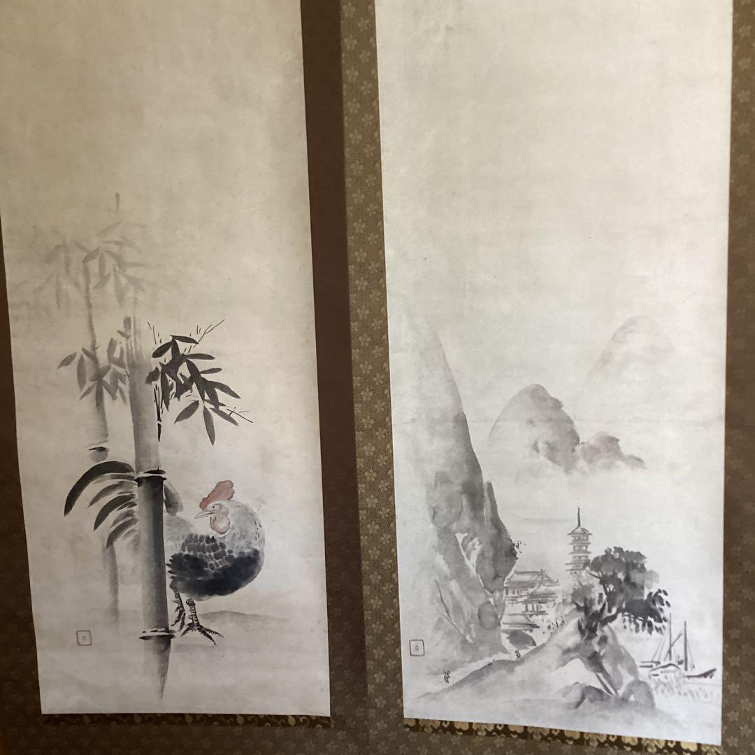 江月宗玩筆　紙本彩色水墨画　4幅対【竹林に鶏図、竹林に賢人　旭日山水　楼閣図】