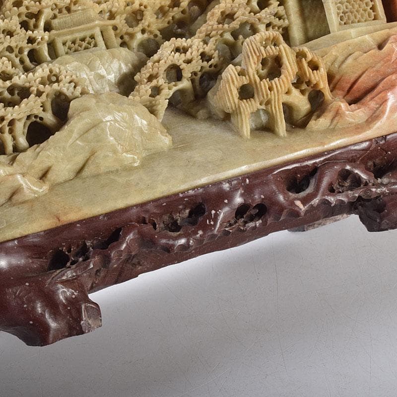 中国　玉石蝋石青田石　楼閣山水雕　床飾　置物　M　R7899C