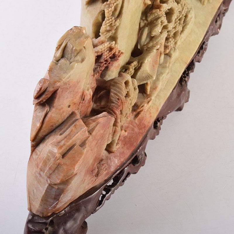 中国　玉石蝋石青田石　楼閣山水雕　床飾　置物　M　R7899C