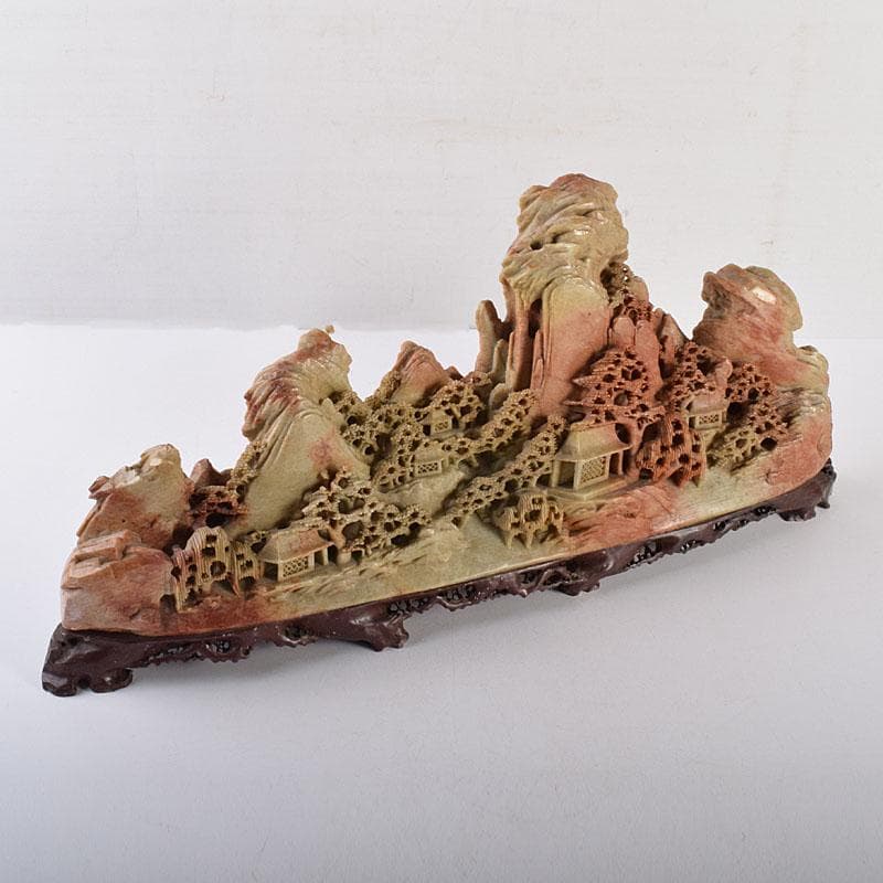 中国　玉石蝋石青田石　楼閣山水雕　床飾　置物　M　R7899C