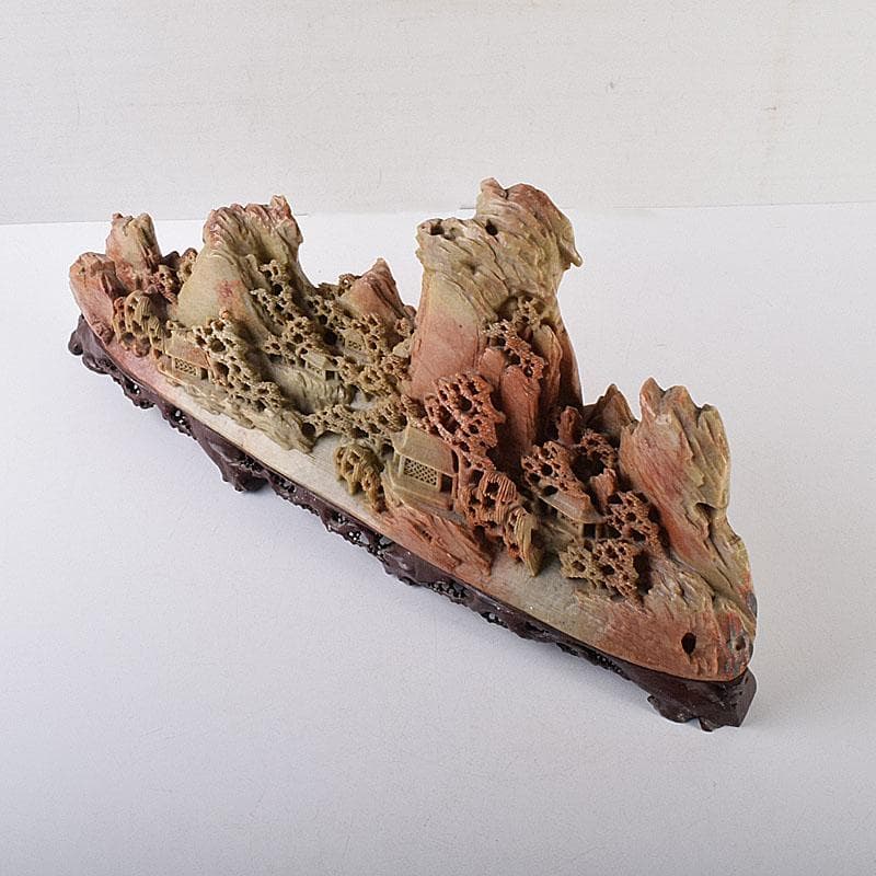 中国　玉石蝋石青田石　楼閣山水雕　床飾　置物　M　R7899C