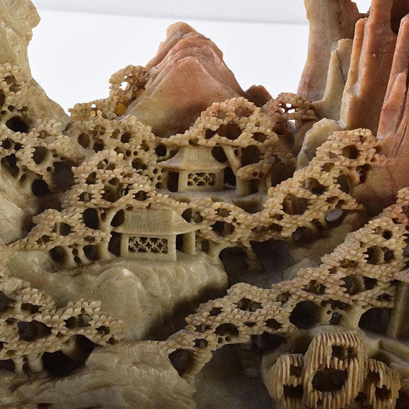 中国　玉石蝋石青田石　楼閣山水雕　床飾　置物　M　R7899C