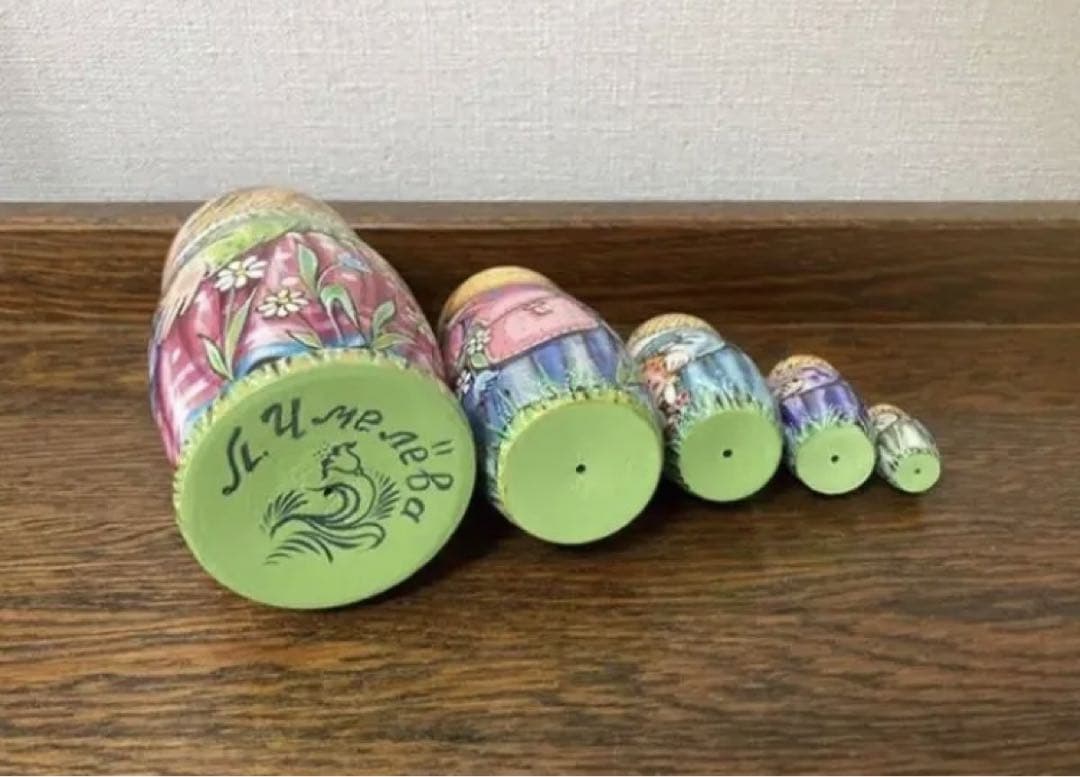 ロシア雑貨☆『Teddy bear』ウッドバーニング マトリョーシカ5P ミラ作