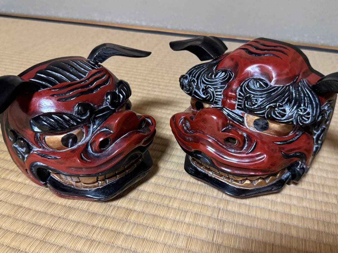 母のお茶道具の仲間たち　 レトロ 獅子頭 雄雌木彫 最大幅21〜25、高13cm