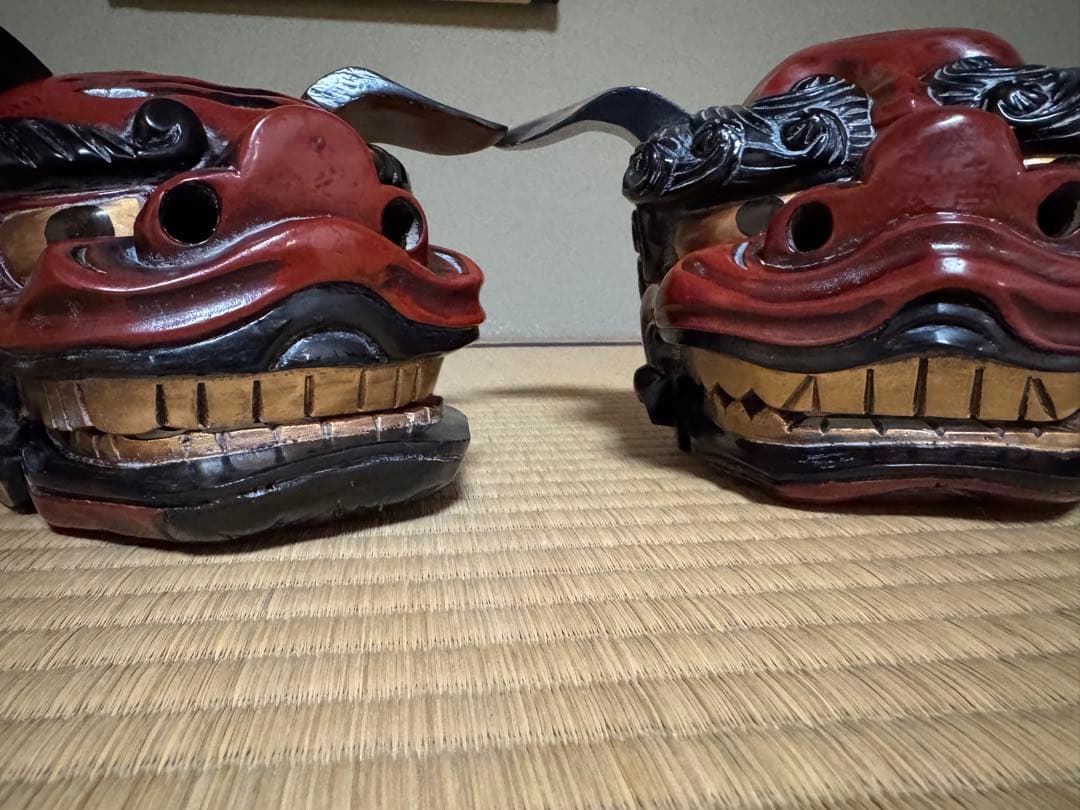 母のお茶道具の仲間たち　 レトロ 獅子頭 雄雌木彫 最大幅21〜25、高13cm