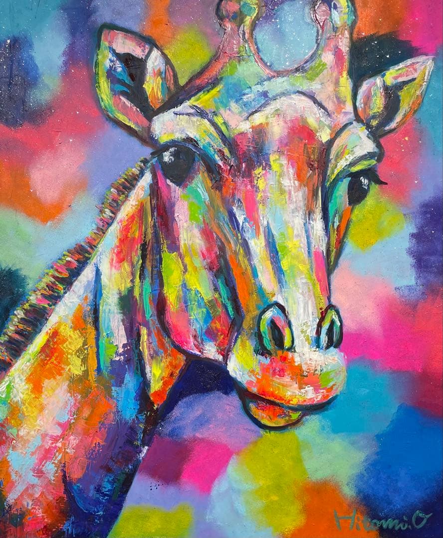 キリンの油絵原画　絵画　キャンバスアート　現代アート　銀座展示