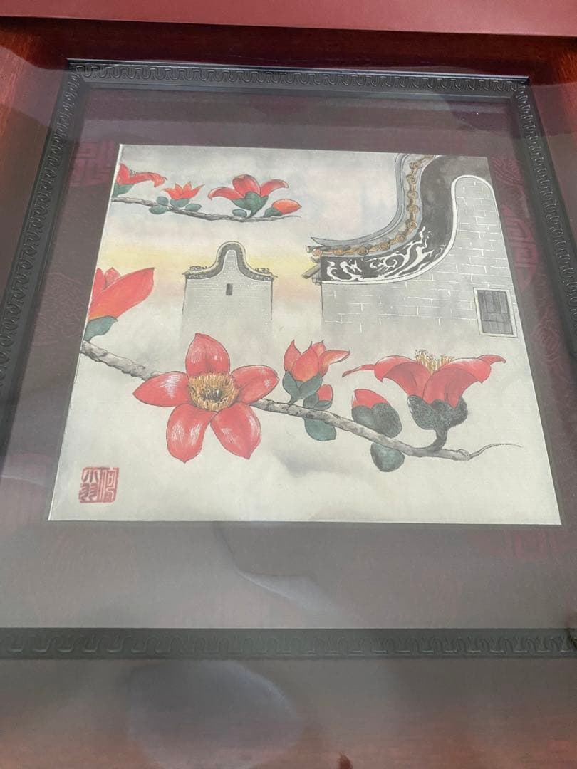 【新品未使用】中国美術　香雲紗　工芸品　絵画　アンティーク30x27cm