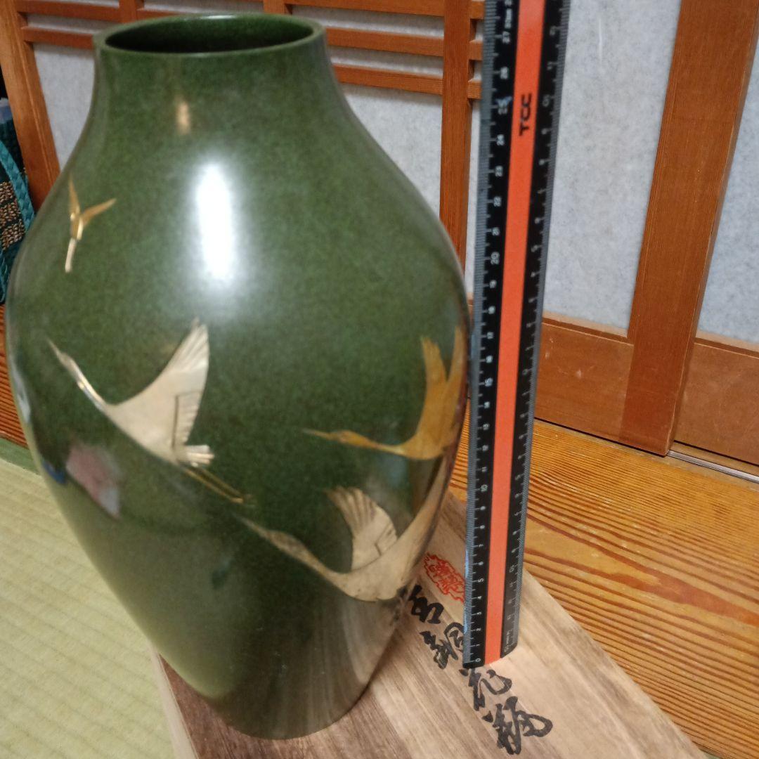 緑色の鶴模様の陶器花瓶 約29cm