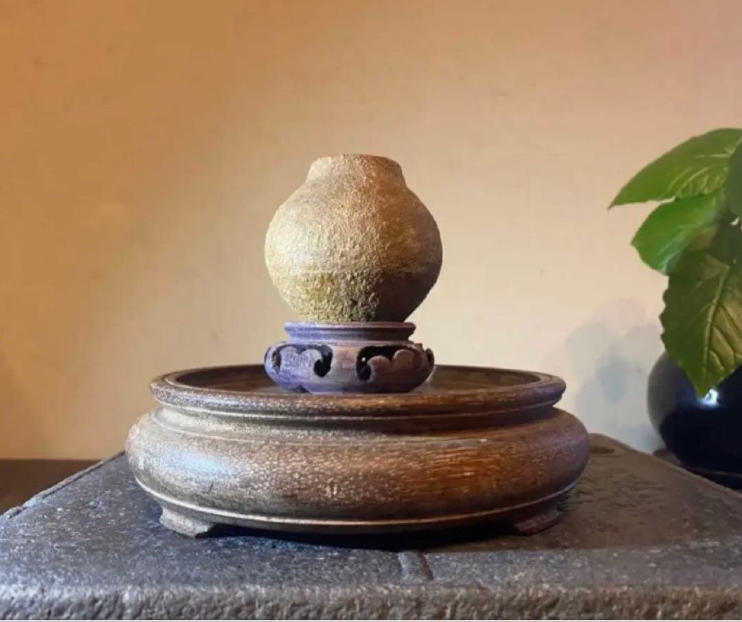 アンティーク　美品ブルナイ　小花器　極小唐木台座　３種・３点セット レア