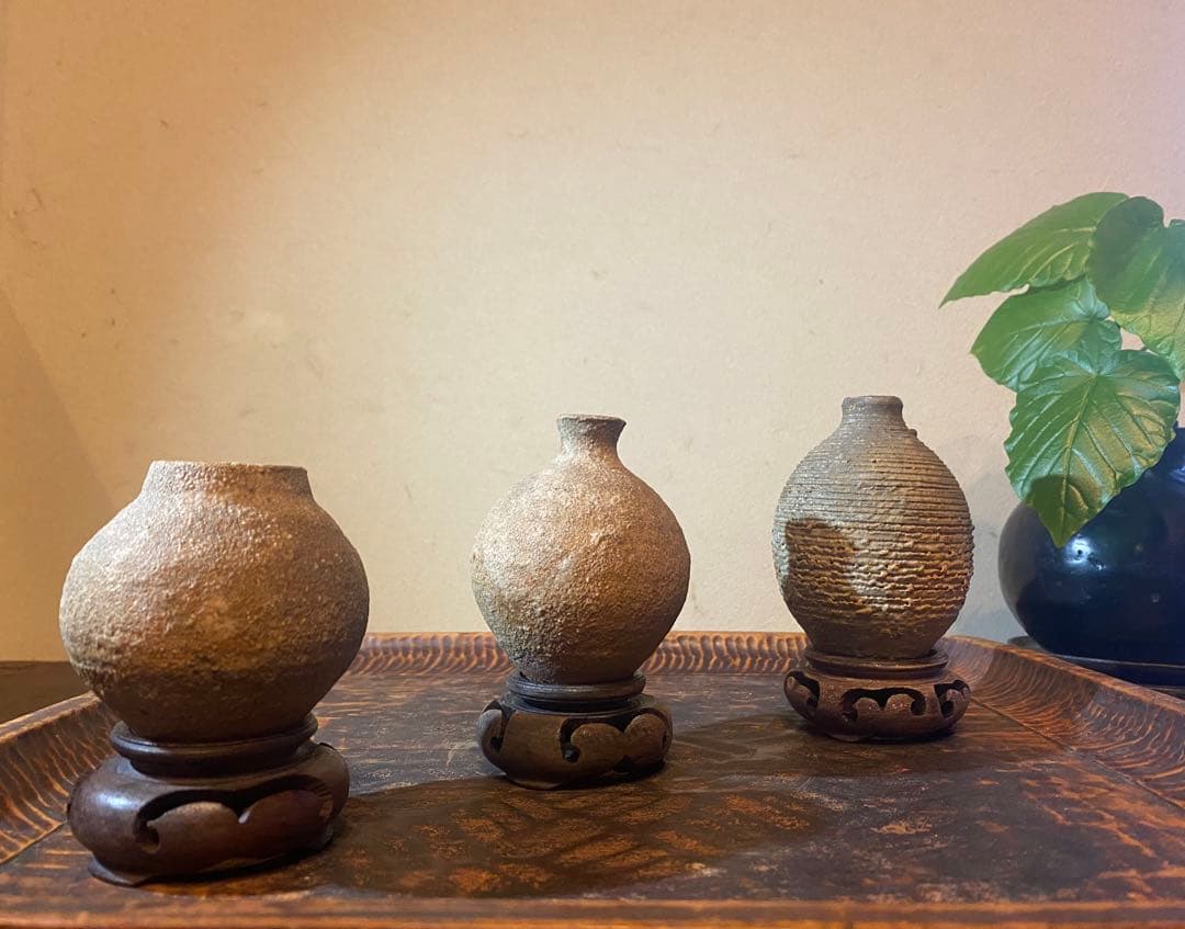 アンティーク　美品ブルナイ　小花器　極小唐木台座　３種・３点セット レア