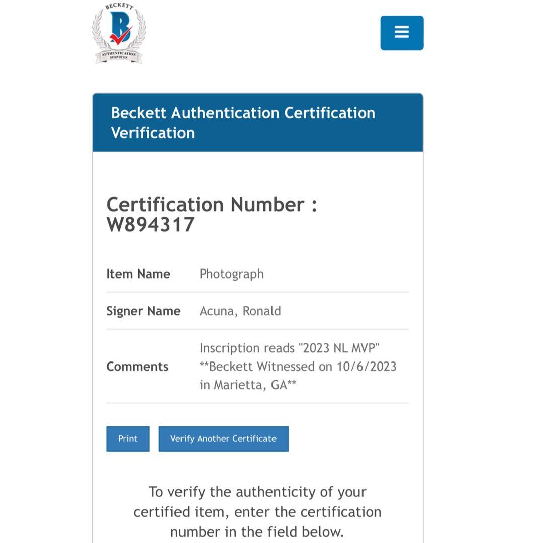 ブレーブス アクーニャJr 直筆サインフォト 2023 NL MVP 証明付