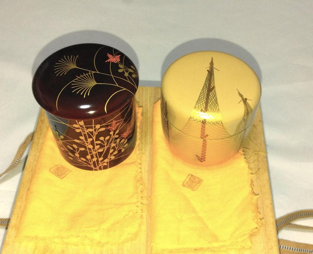 茶道具　中村湖彩作　四季棗の内　夏棗網干蒔絵白棗　秋棗秋草蒔絵秋棗　二点　美品！