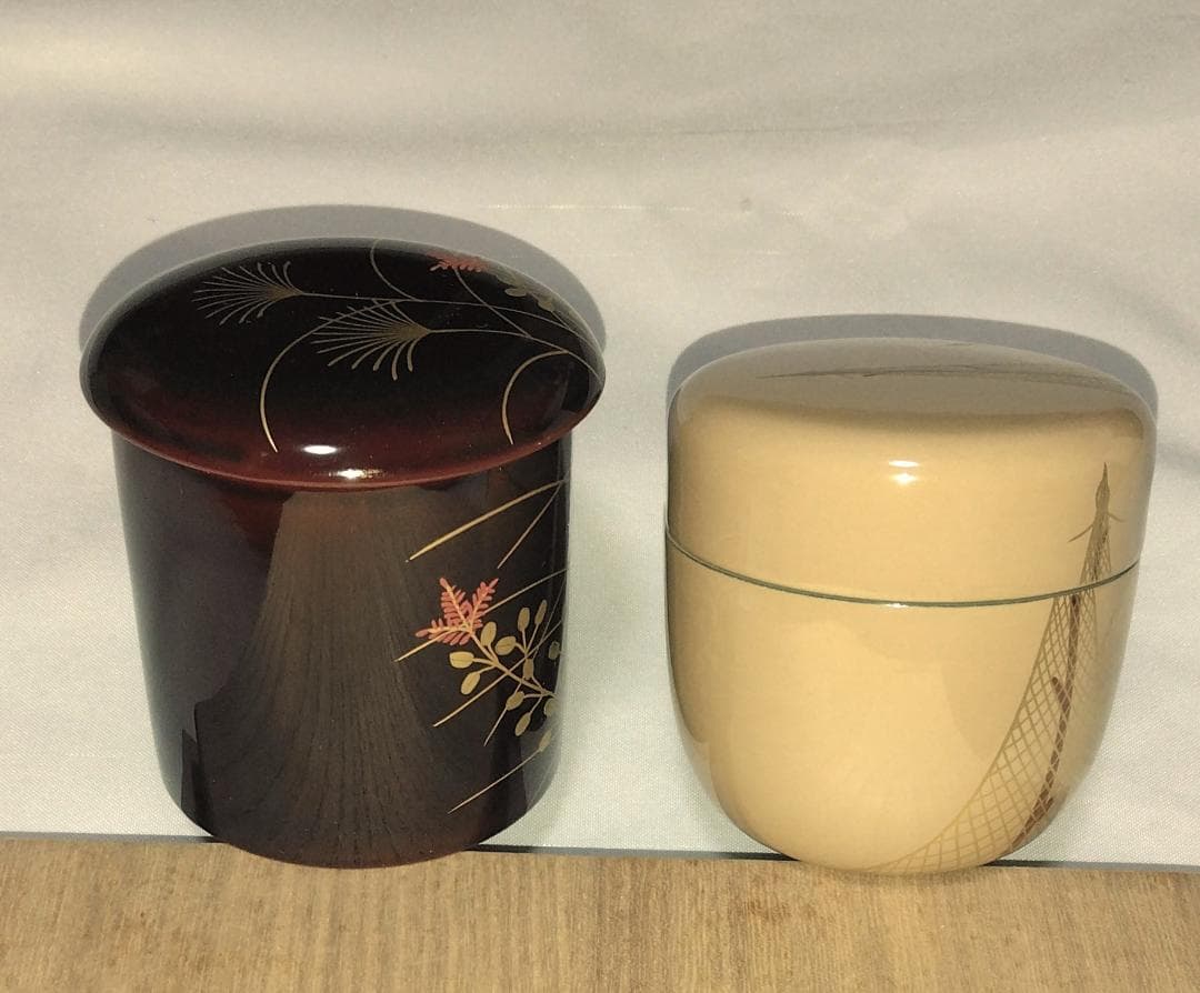 茶道具　中村湖彩作　四季棗の内　夏棗網干蒔絵白棗　秋棗秋草蒔絵秋棗　二点　美品！