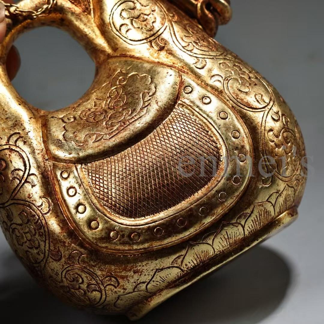 中国古美術・珍蔵純銅製・鎏金・酒器・馬壺／馬の頭型水差し・純手作り・茶道具・酒具