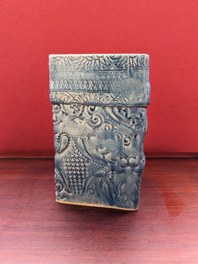 【箱あり】九谷焼 松本佐一 花生 花器 青 金彩 真田紐 インテリア 和洋折衷