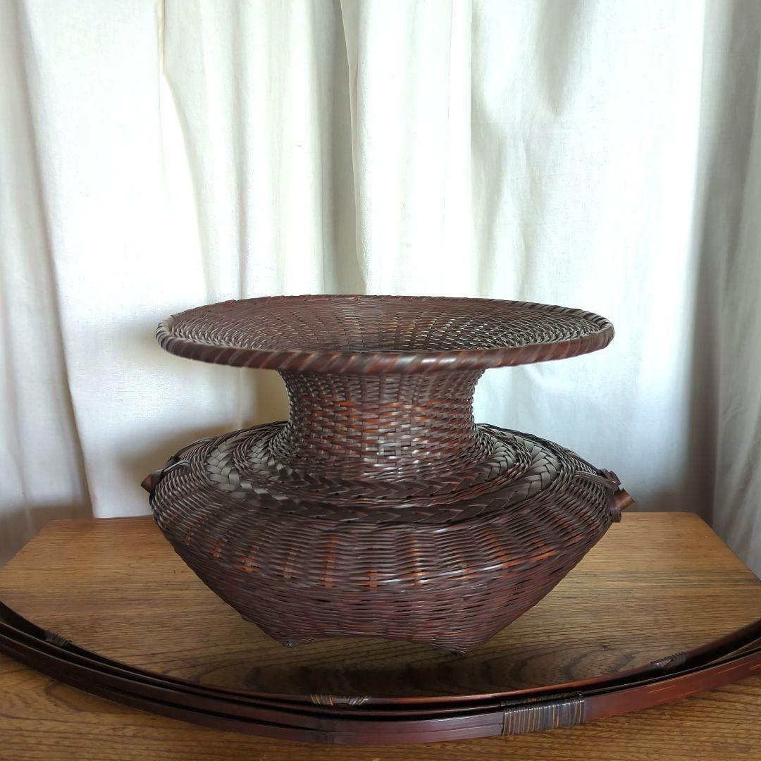 【民藝】虎竹花篭【一竜】在銘【牡丹篭】