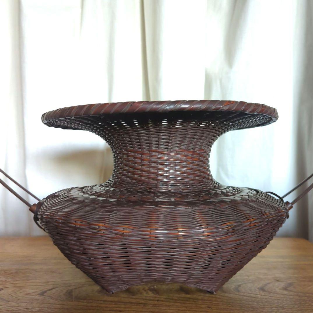 【民藝】虎竹花篭【一竜】在銘【牡丹篭】