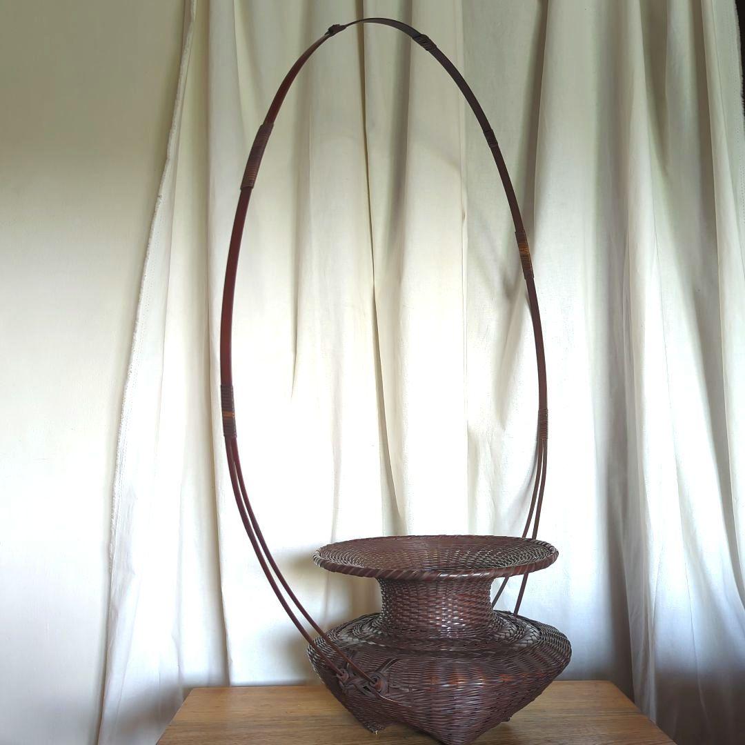 【民藝】虎竹花篭【一竜】在銘【牡丹篭】