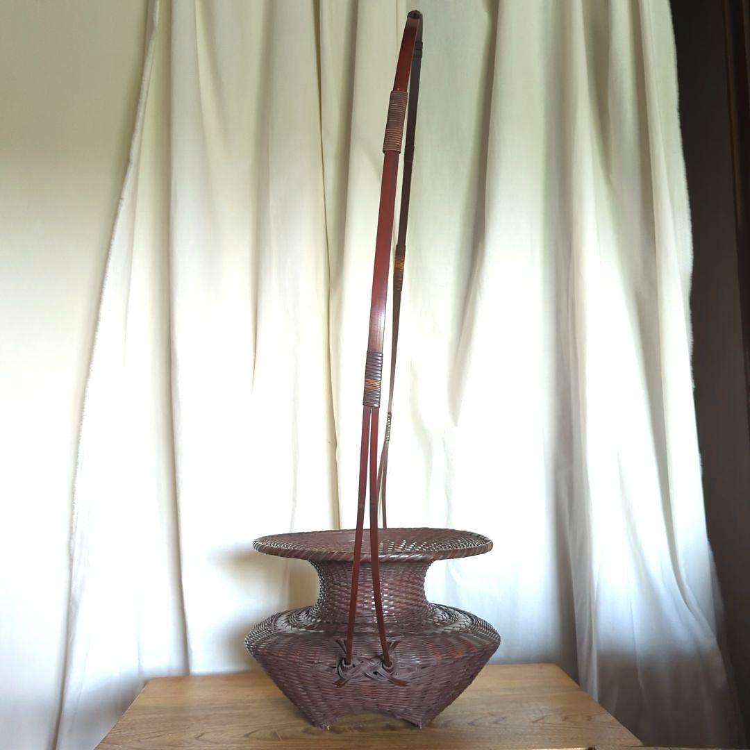 【民藝】虎竹花篭【一竜】在銘【牡丹篭】