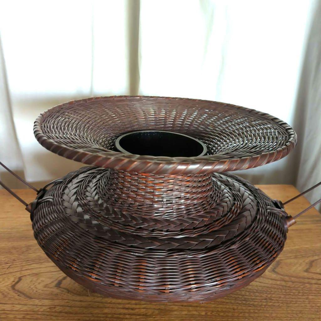 【民藝】虎竹花篭【一竜】在銘【牡丹篭】