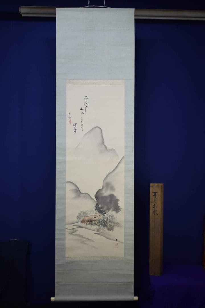 真作/（画）玉雪/（賛）巖谷小波/夏山水図/桐題箱付/布袋屋掛軸HI-182