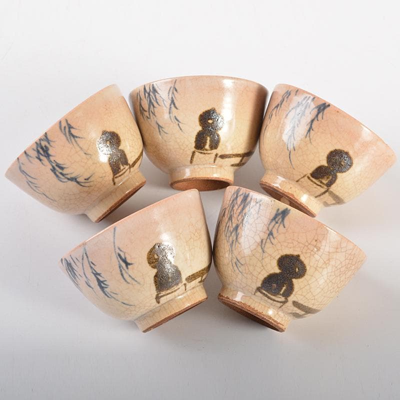 煎茶道具　華中亭道八造　御本手　青華　柳文　煎茶碗　五客　共箱　M　R6853