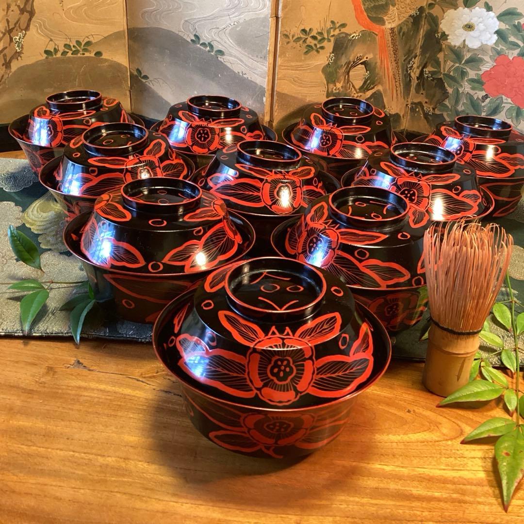 A1055 木製輪島塗　吉野椀　芙蓉紋様　吸い物椀　5客