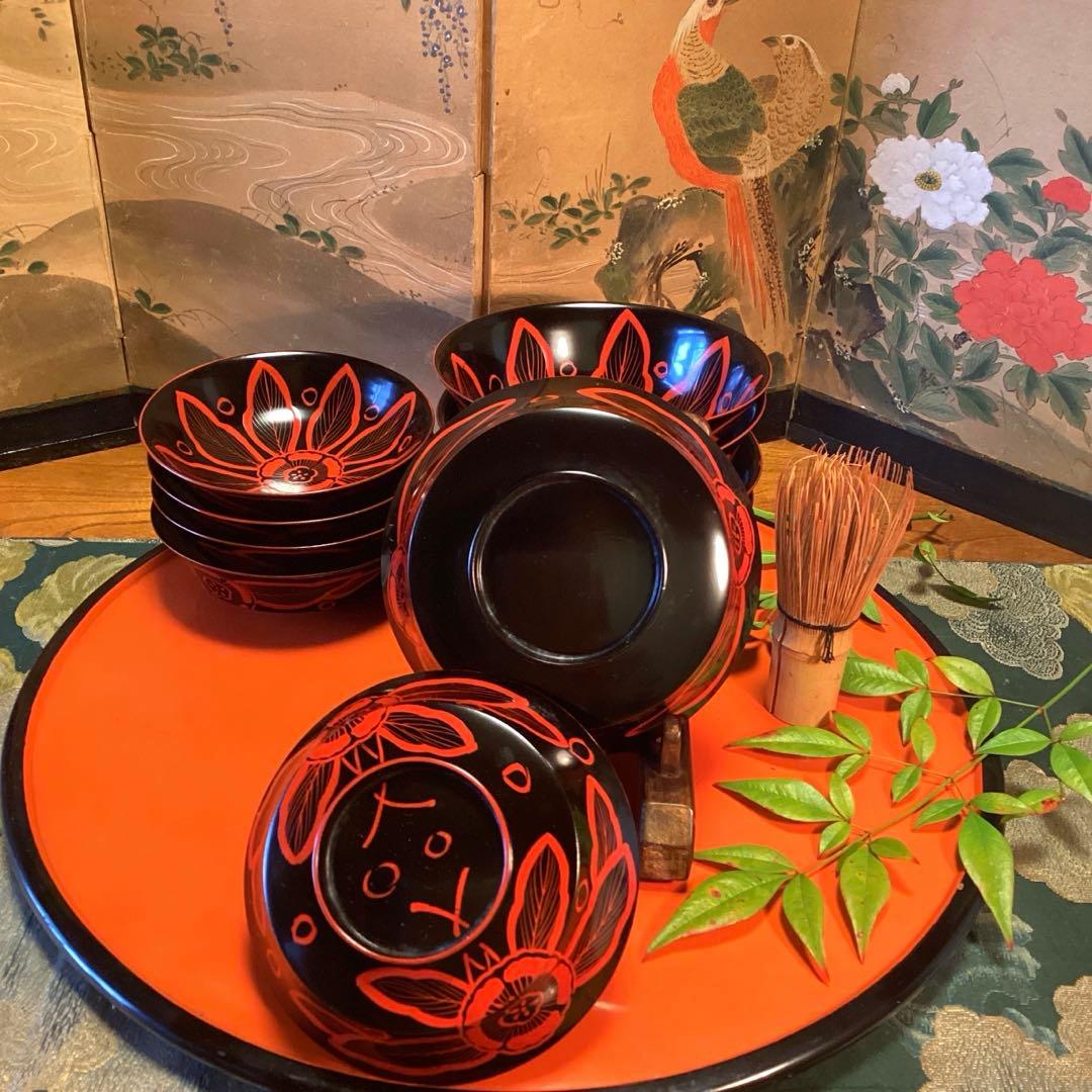 A1055 木製輪島塗　吉野椀　芙蓉紋様　吸い物椀　5客