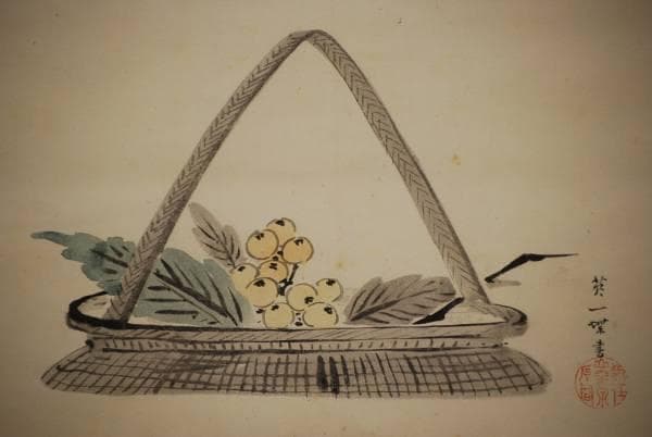 真作/英一蝶/篭/枇杷図/絹表装/桐箱漆塗り二重箱付/布袋屋掛軸HD-151